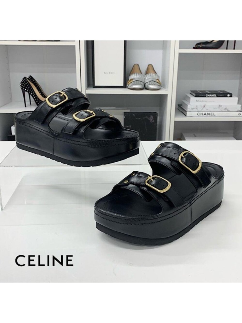 Celine Poly Triomphe Leather Platform Sandals Black
